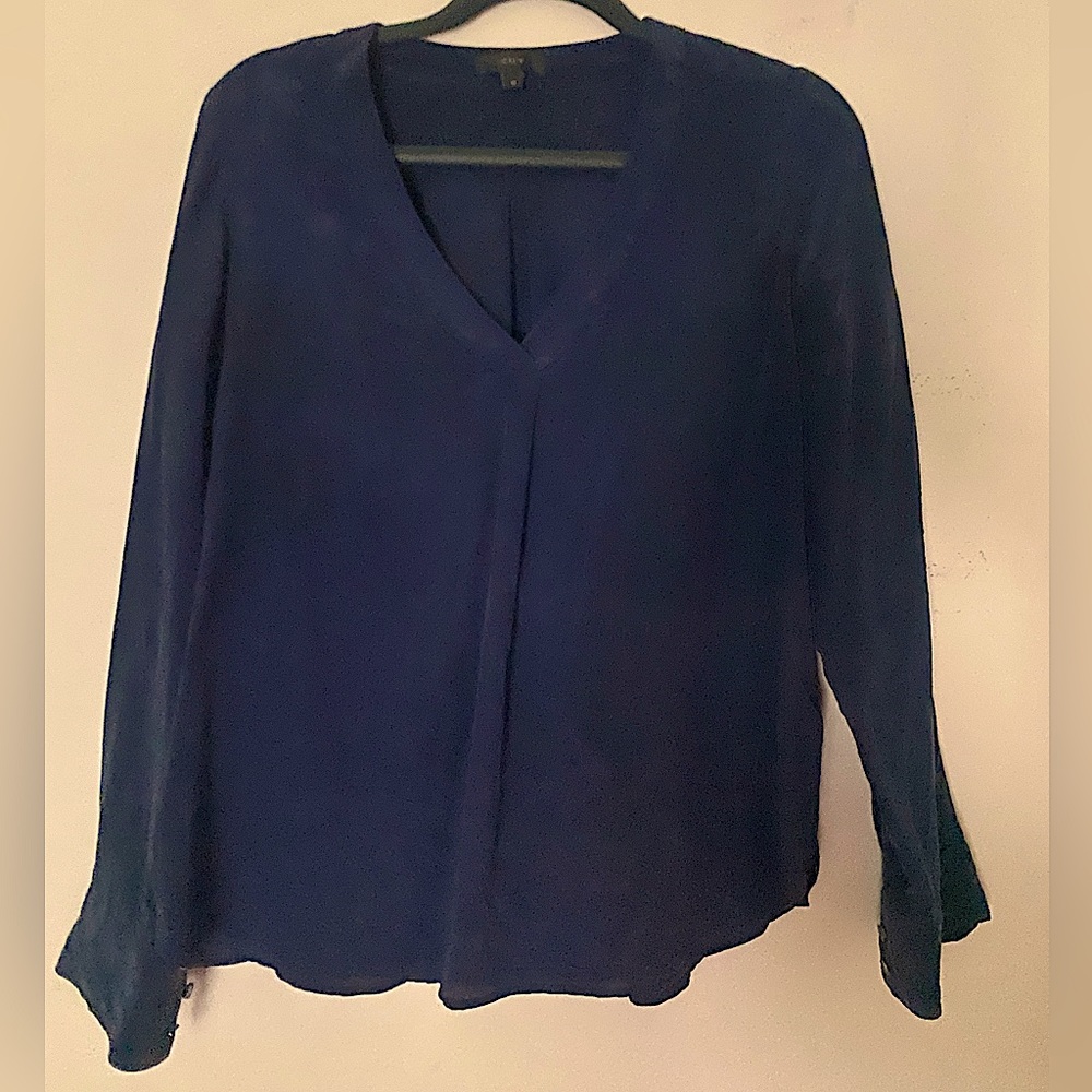 K crew silk blue v neck long sleeve shirt